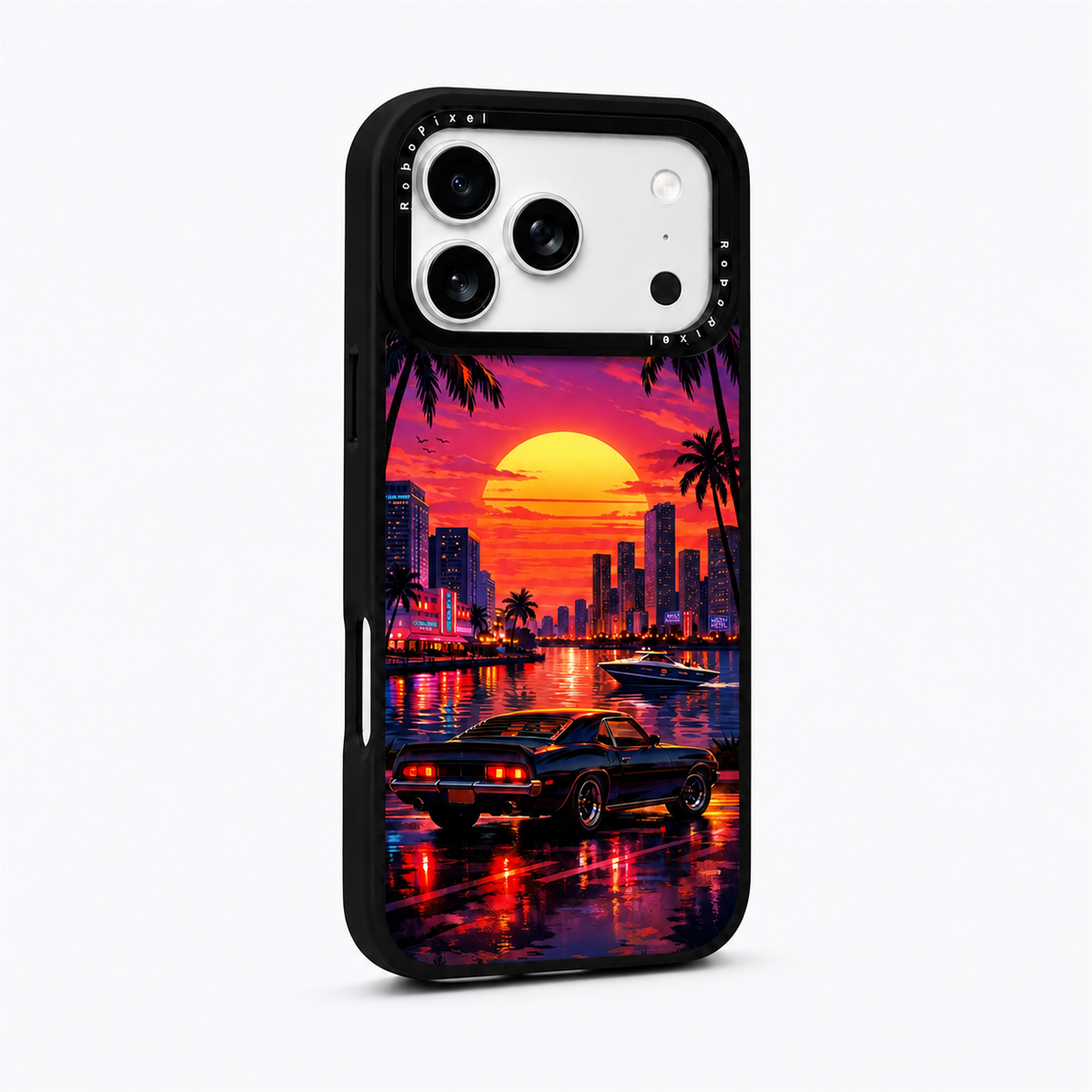 Miami Sunset phone case shown on iPhone 17 Pro Max
