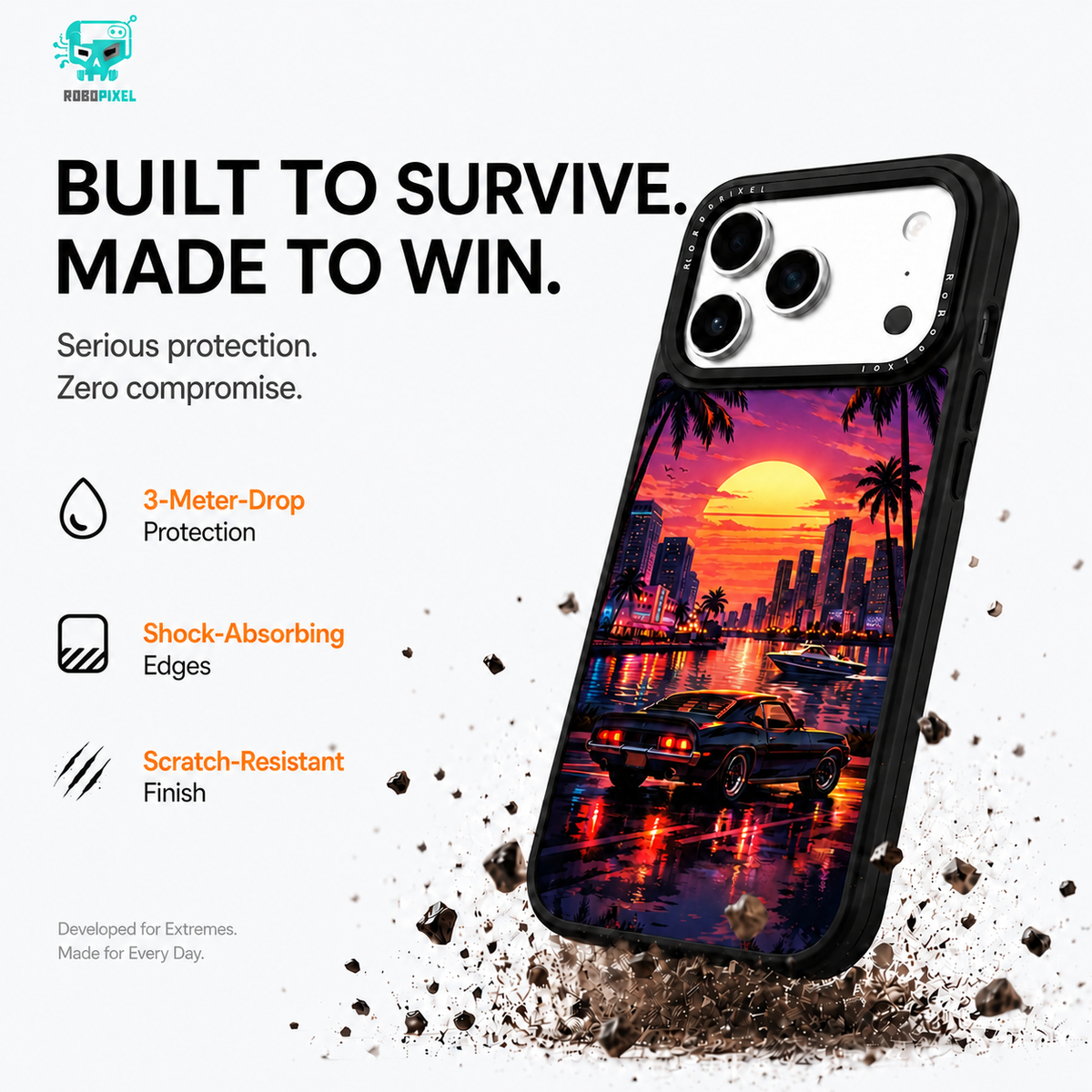 Miami Sunset phone case shown on iPhone 17 Pro Max