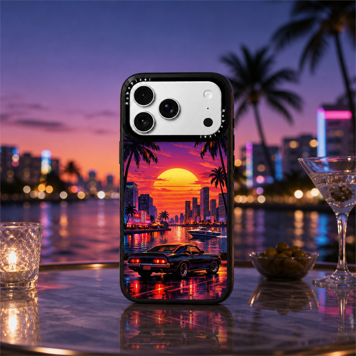Miami Sunset phone case shown on iPhone 17 Pro Max