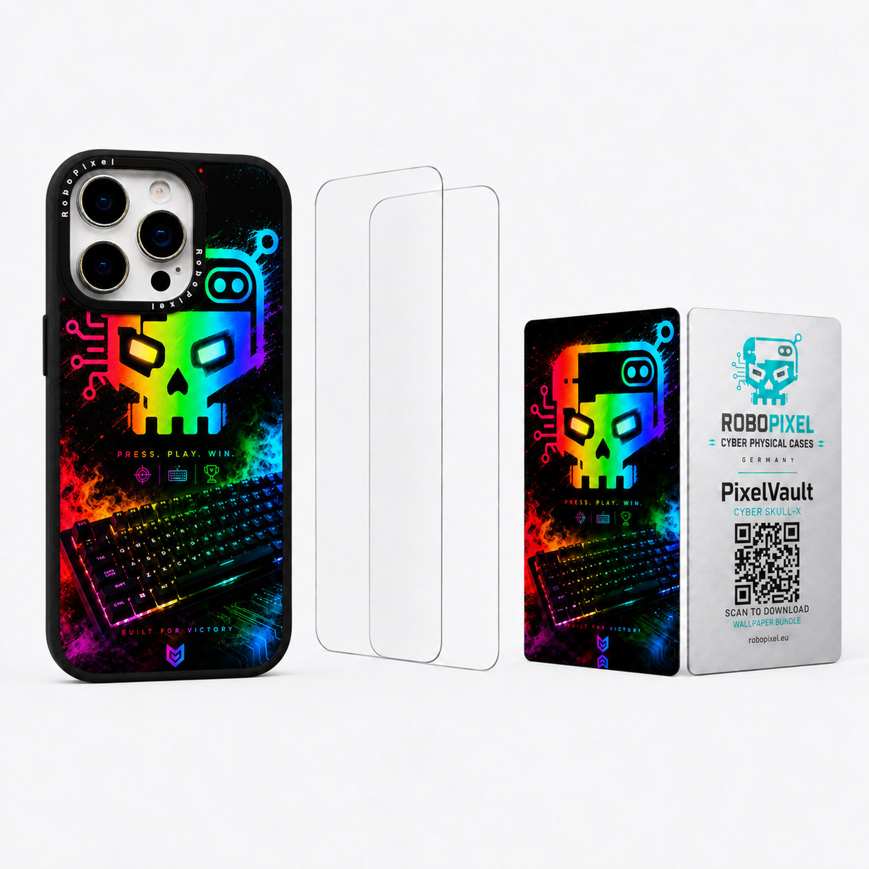 The Ultimate Pack — Cyber Skull-X for iPhone 15 Pro / iPhone 15 Pro Max: phone case, two tempered glass screen protectors and the matching PixelVault metal card