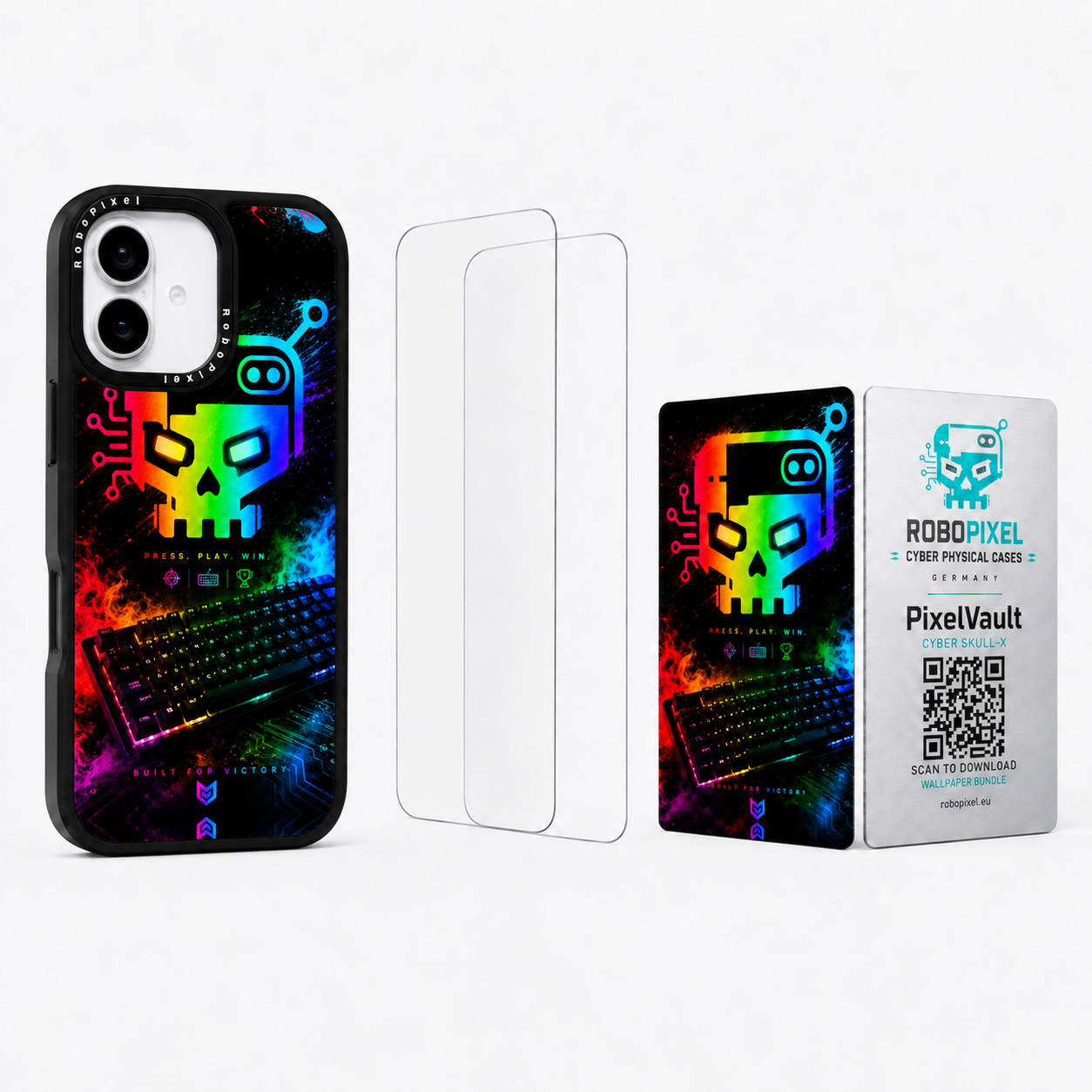 The Ultimate Pack — Cyber Skull-X for iPhone 16 / iPhone 16 Plus: phone case, two tempered glass screen protectors and the matching PixelVault metal card