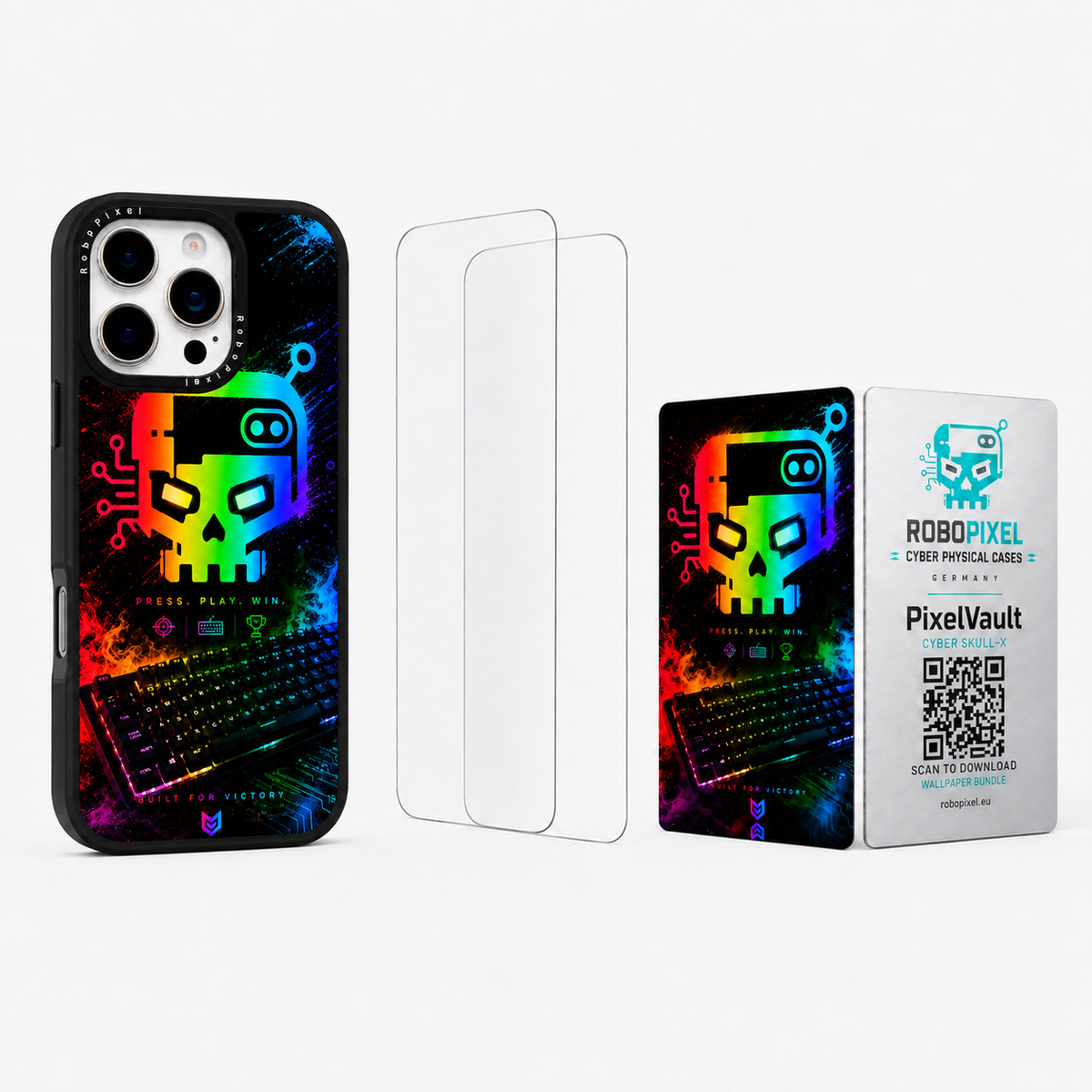 The Ultimate Pack — Cyber Skull-X for iPhone 16 Pro / iPhone 16 Pro Max: phone case, two tempered glass screen protectors and the matching PixelVault metal card