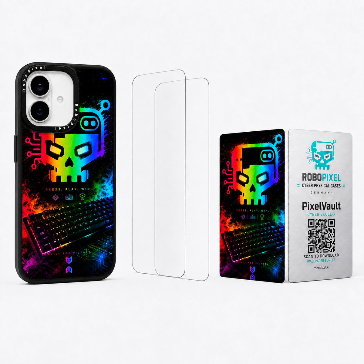 The Ultimate Pack — Cyber Skull-X for iPhone 17: phone case, two tempered glass screen protectors and the matching PixelVault metal card