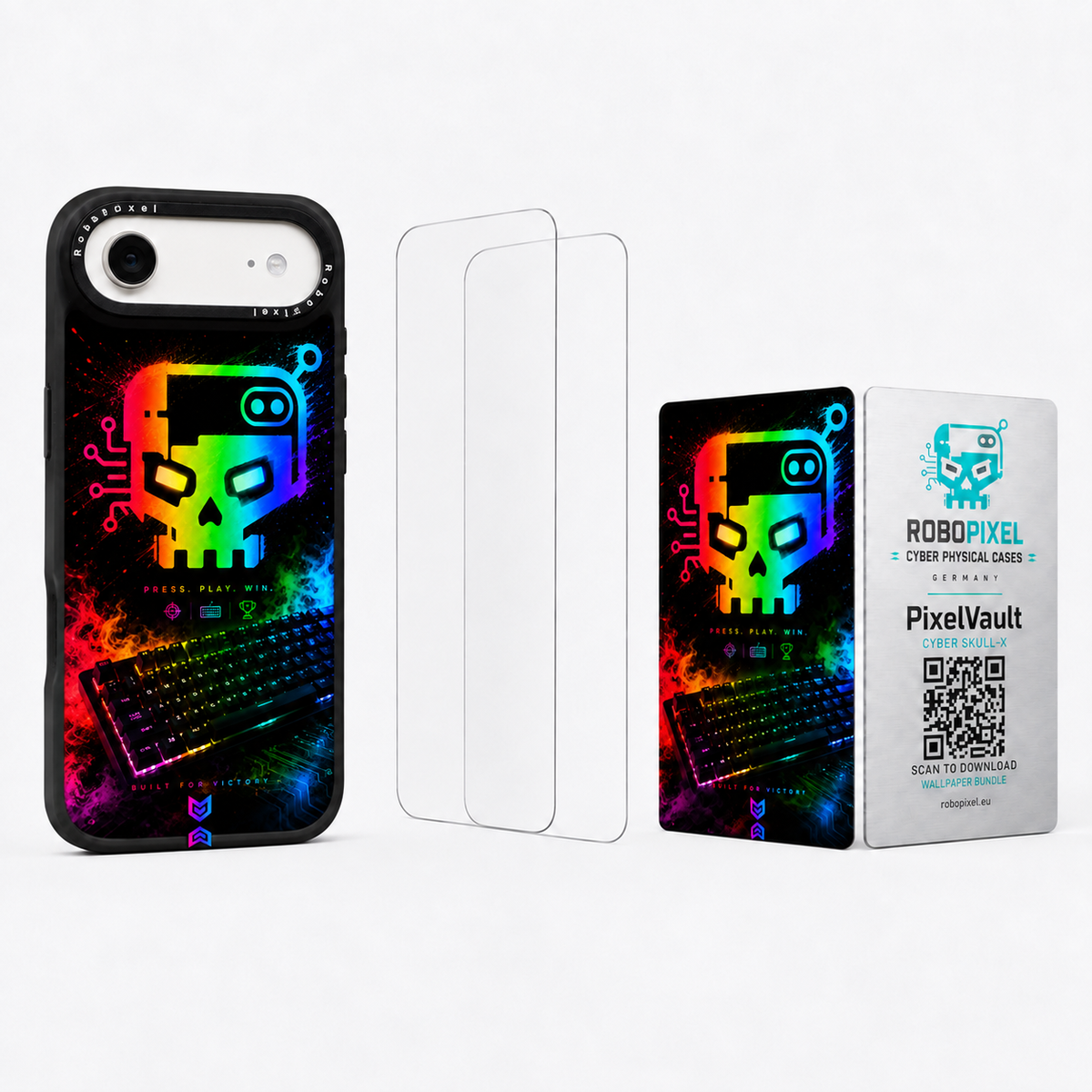 The Ultimate Pack — Cyber Skull-X for iPhone Air: phone case, two tempered glass screen protectors and the matching PixelVault metal card