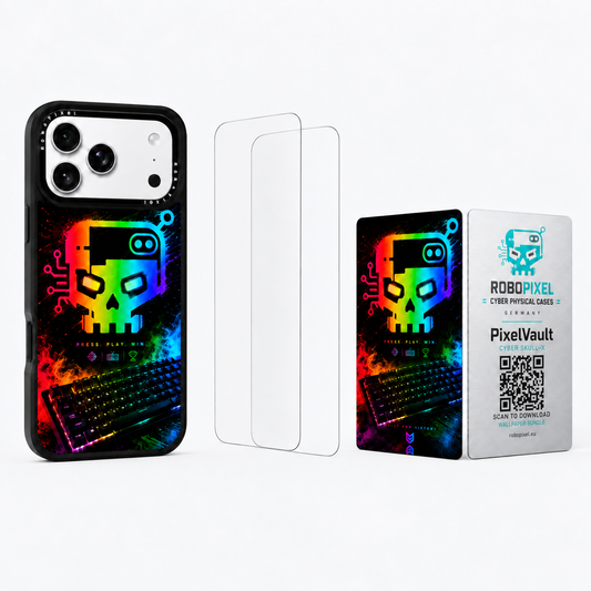 The Ultimate Pack — Cyber Skull-X: phone case, two tempered glass screen protectors and the matching PixelVault metal card