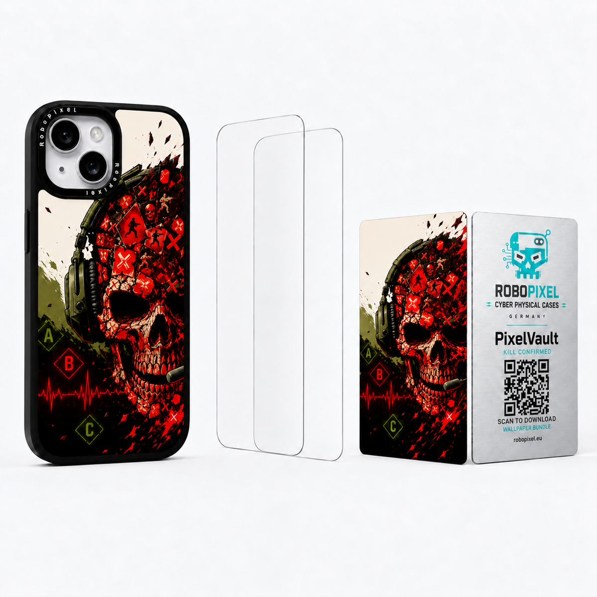 The Ultimate Pack — Kill Confirmed for iPhone 15 / iPhone 15 Plus: phone case, two tempered glass screen protectors and the matching PixelVault metal card