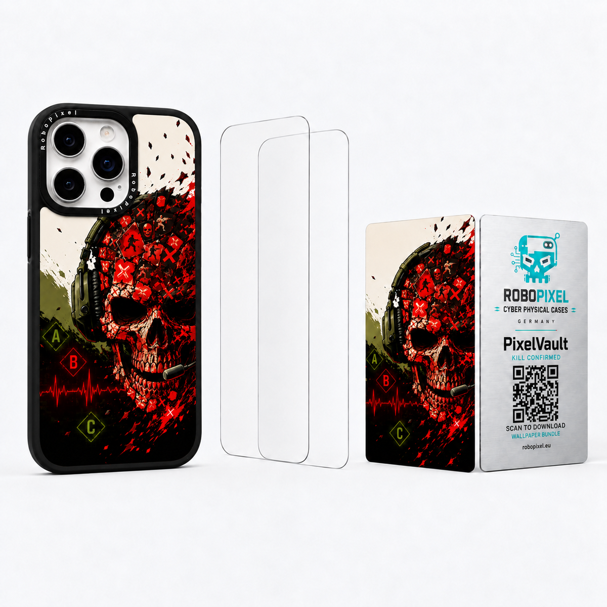 The Ultimate Pack — Kill Confirmed for iPhone 15 Pro / iPhone 15 Pro Max: phone case, two tempered glass screen protectors and the matching PixelVault metal card