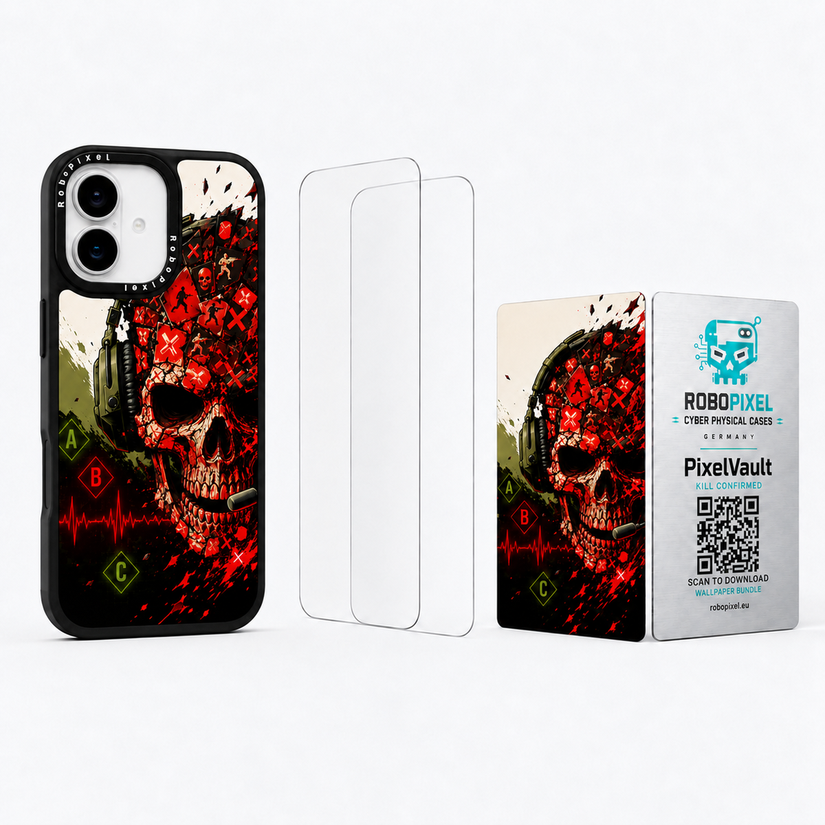 The Ultimate Pack — Kill Confirmed for iPhone 16 / iPhone 16 Plus: phone case, two tempered glass screen protectors and the matching PixelVault metal card