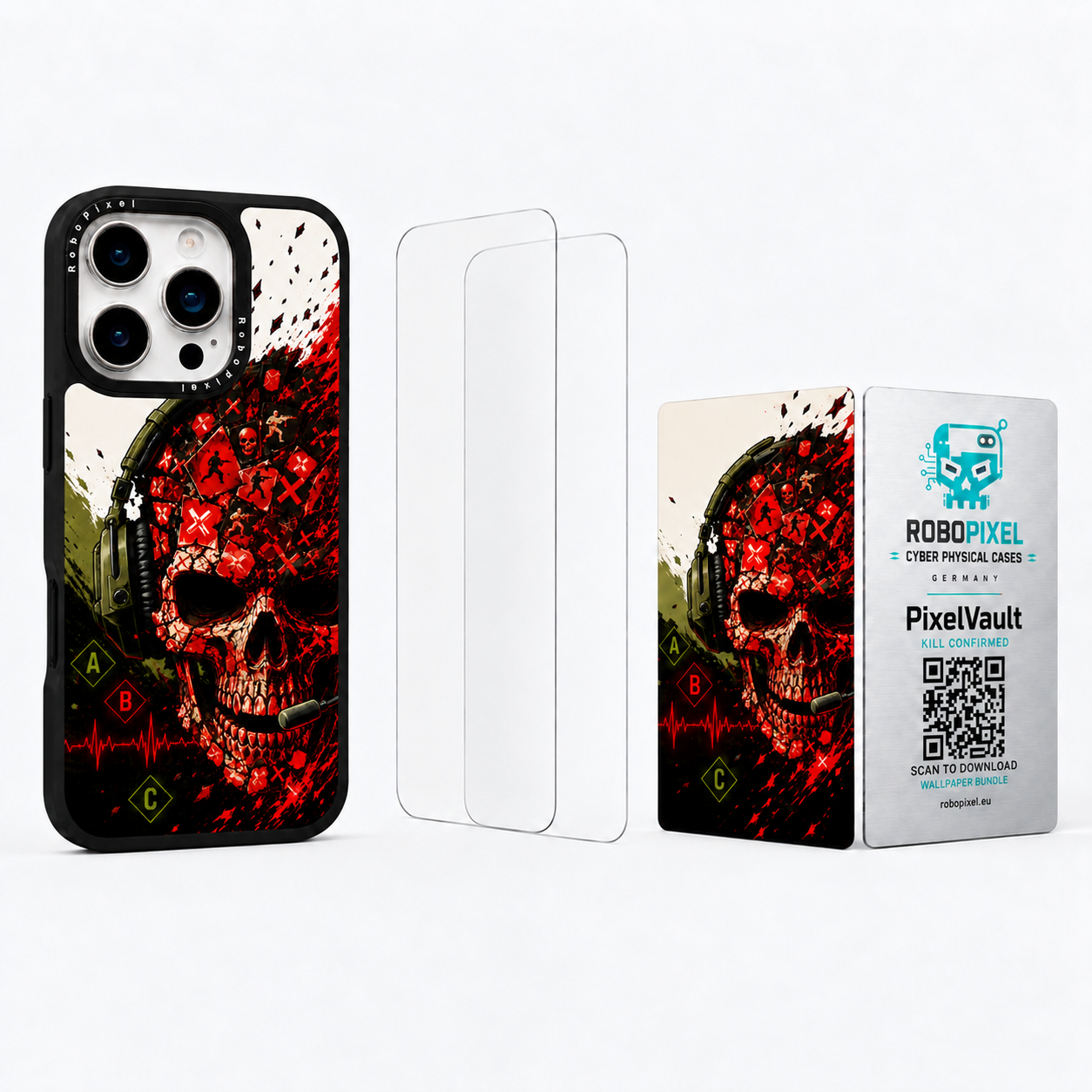 The Ultimate Pack — Kill Confirmed for iPhone 16 Pro / iPhone 16 Pro Max: phone case, two tempered glass screen protectors and the matching PixelVault metal card