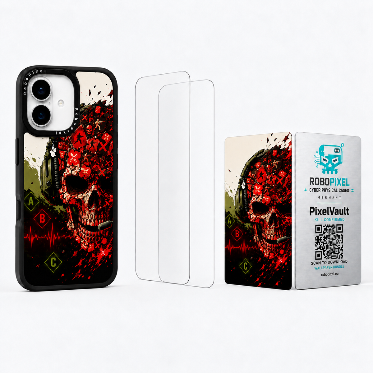 The Ultimate Pack — Kill Confirmed for iPhone 17: phone case, two tempered glass screen protectors and the matching PixelVault metal card