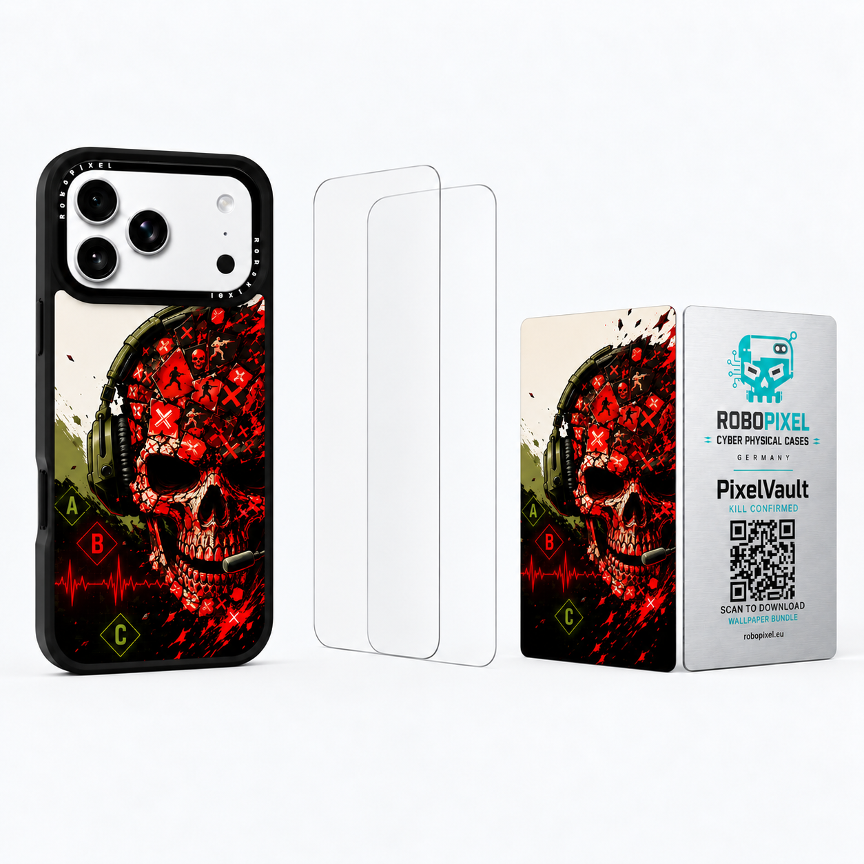 The Ultimate Pack — Kill Confirmed for iPhone 17 Pro / iPhone 17 Pro Max: phone case, two tempered glass screen protectors and the matching PixelVault metal card