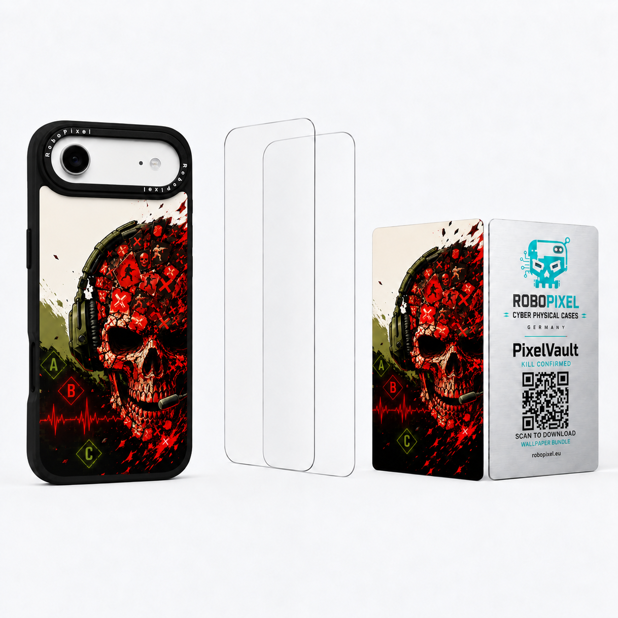 The Ultimate Pack — Kill Confirmed for iPhone Air: phone case, two tempered glass screen protectors and the matching PixelVault metal card