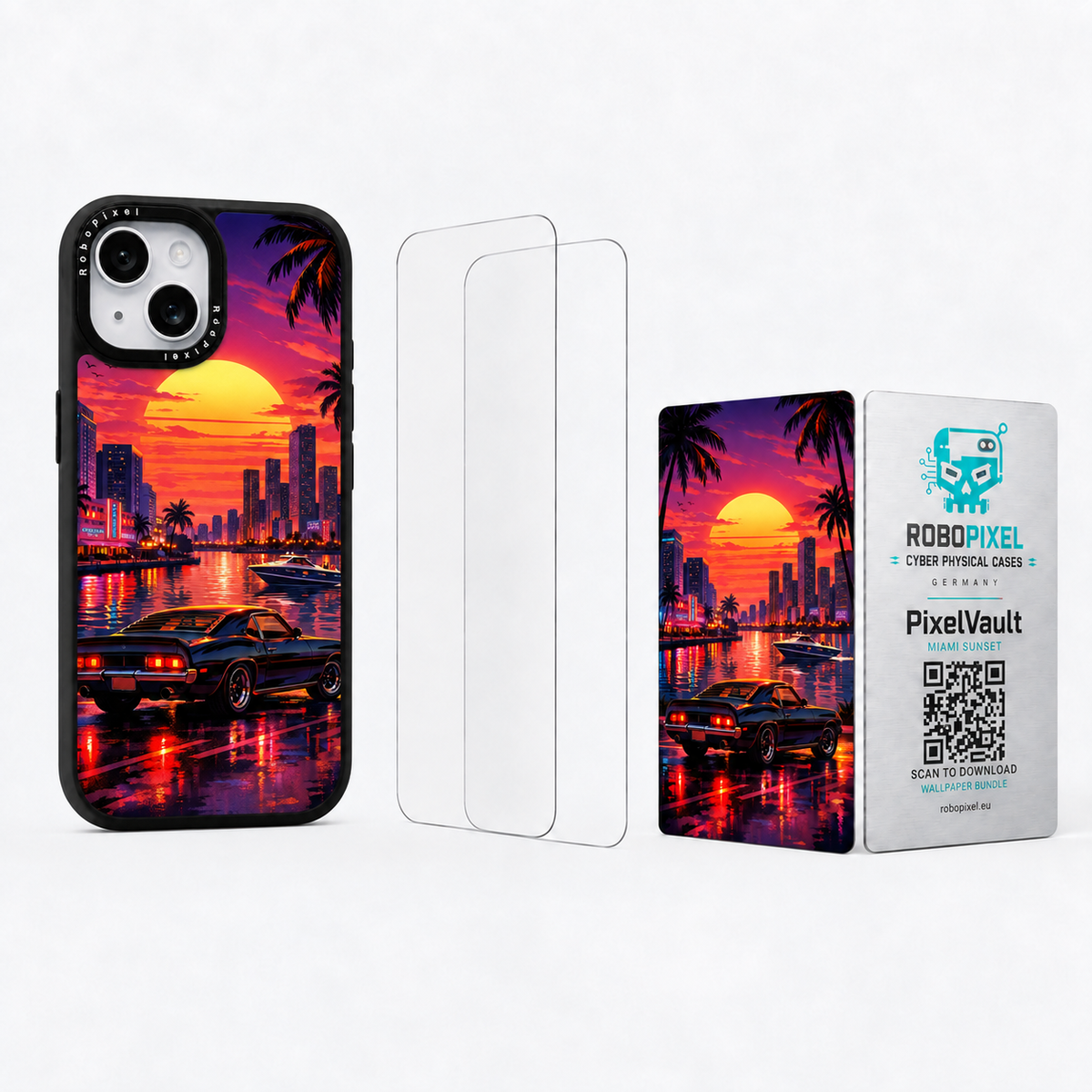 The Ultimate Pack — Miami Sunset for iPhone 15 / iPhone 15 Plus: phone case, two tempered glass screen protectors and the matching PixelVault metal card