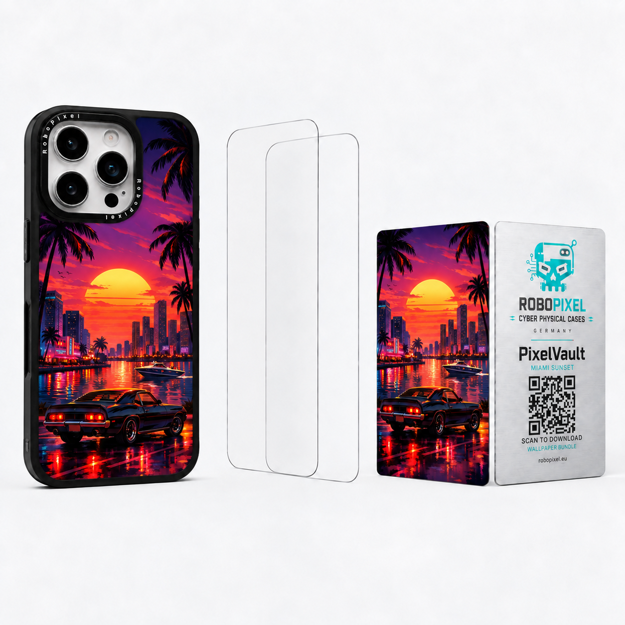 The Ultimate Pack — Miami Sunset for iPhone 15 Pro / iPhone 15 Pro Max: phone case, two tempered glass screen protectors and the matching PixelVault metal card