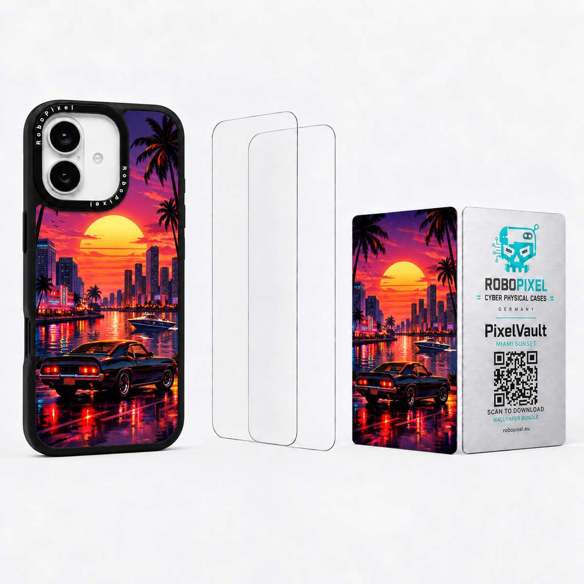 The Ultimate Pack — Miami Sunset for iPhone 16 / iPhone 16 Plus: phone case, two tempered glass screen protectors and the matching PixelVault metal card