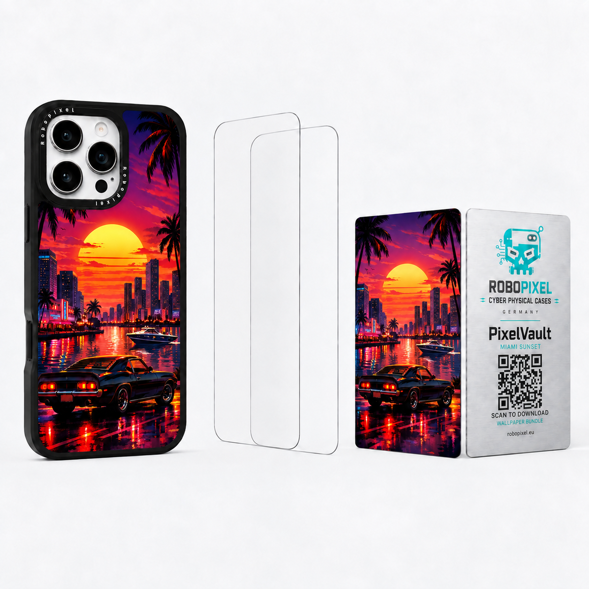 The Ultimate Pack — Miami Sunset for iPhone 16 Pro / iPhone 16 Pro Max: phone case, two tempered glass screen protectors and the matching PixelVault metal card