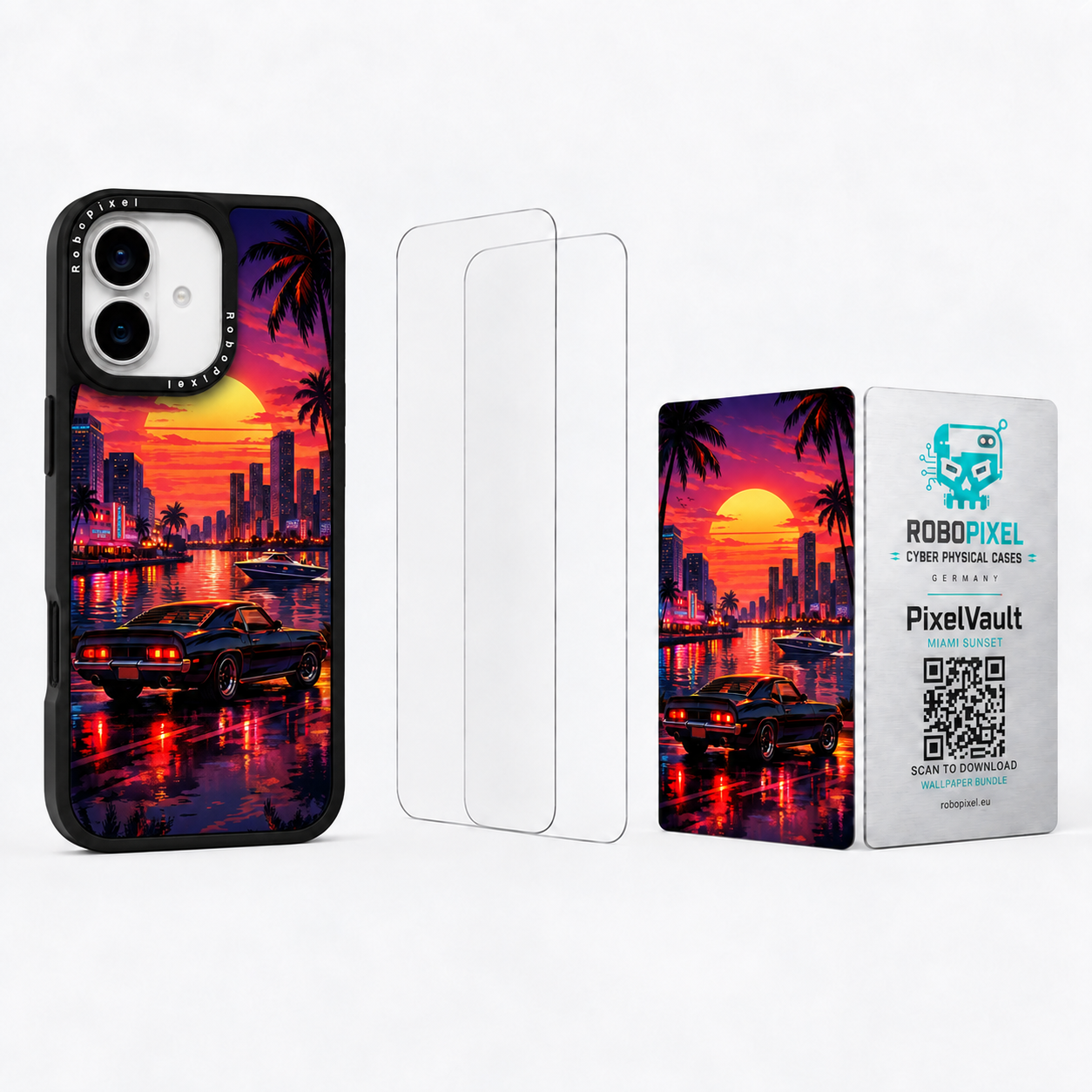 The Ultimate Pack — Miami Sunset for iPhone 17: phone case, two tempered glass screen protectors and the matching PixelVault metal card