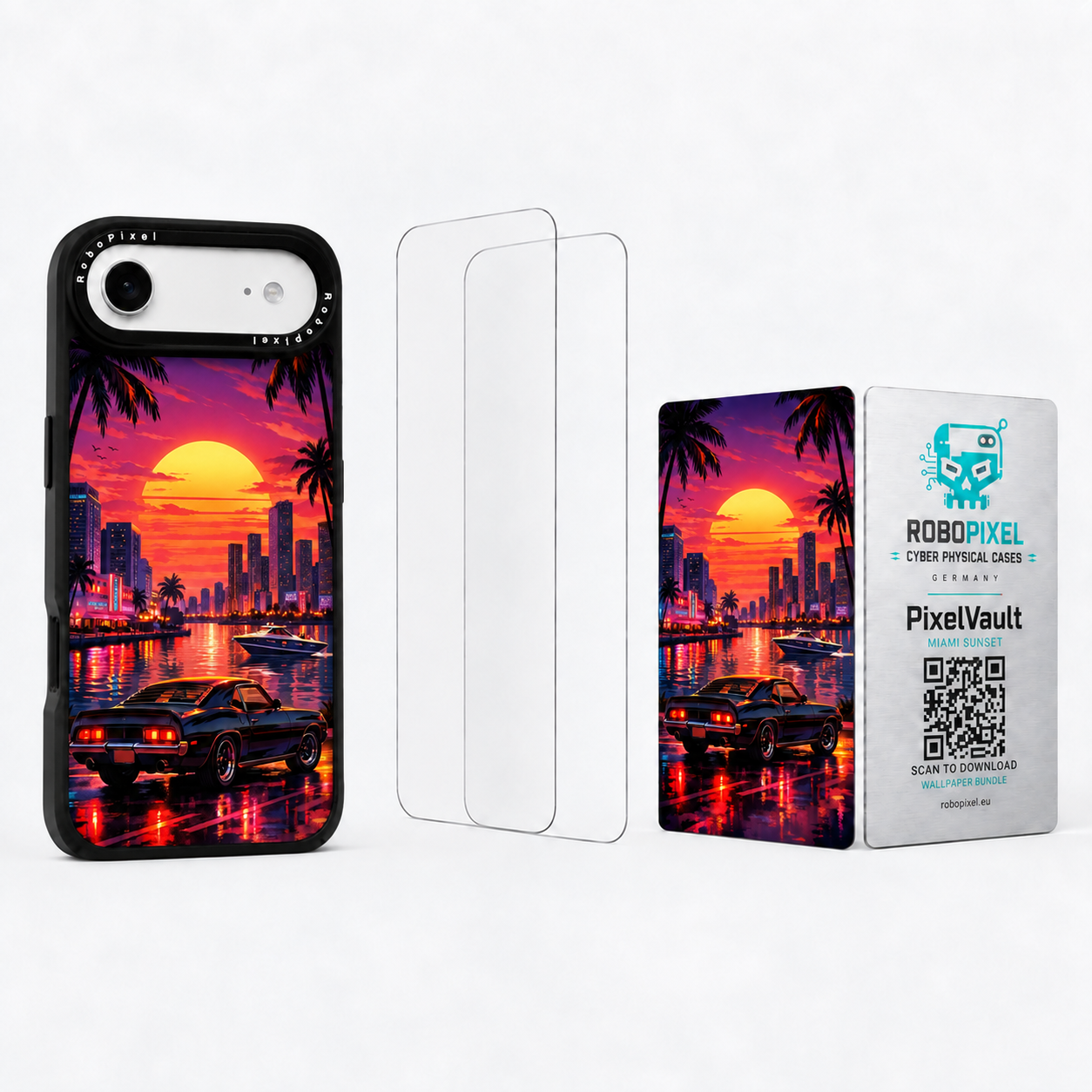 The Ultimate Pack — Miami Sunset for iPhone Air: phone case, two tempered glass screen protectors and the matching PixelVault metal card