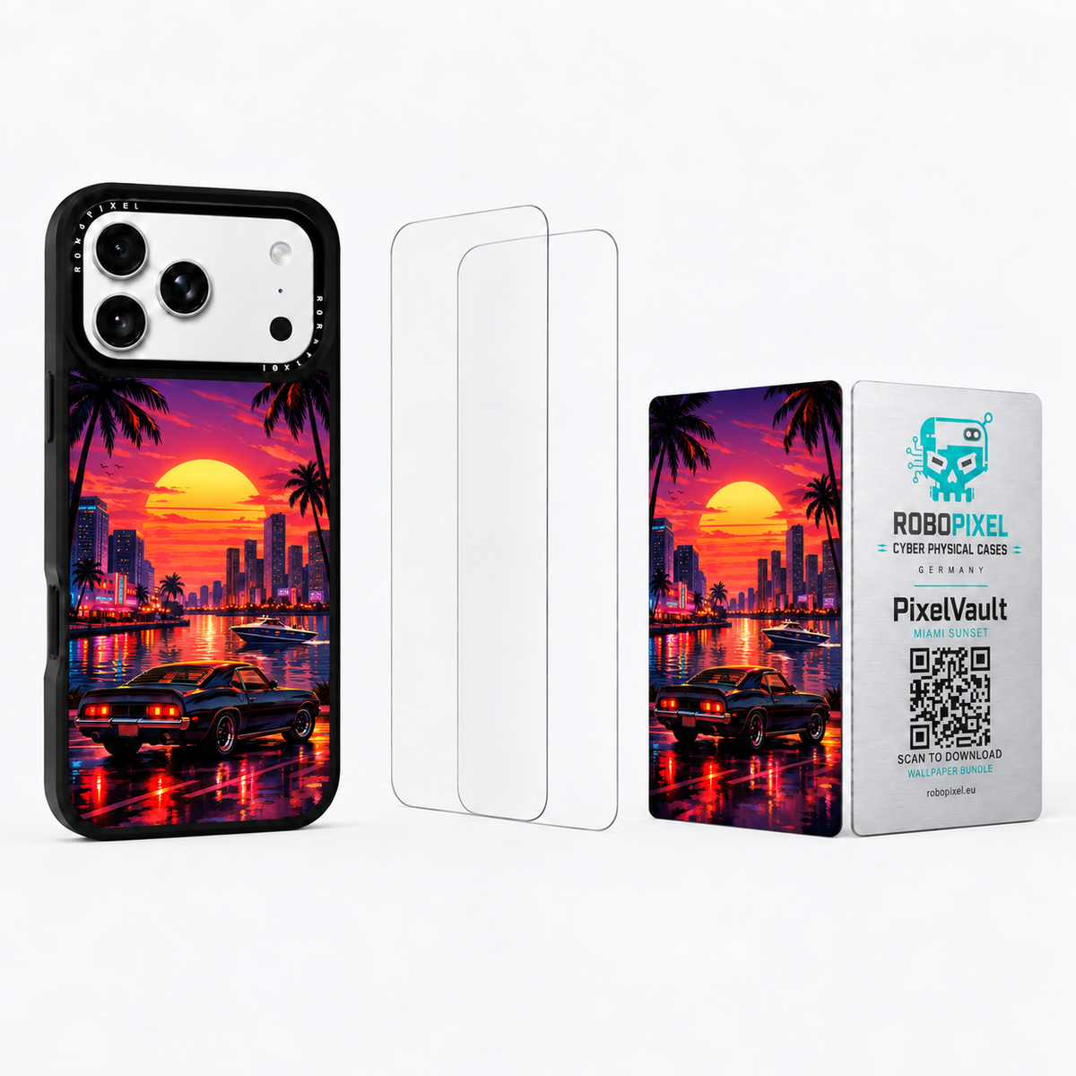 The Ultimate Pack — Miami Sunset: phone case, two tempered glass screen protectors and the matching PixelVault metal card