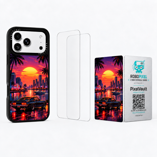 The Ultimate Pack — Miami Sunset: phone case, two tempered glass screen protectors and the matching PixelVault metal card