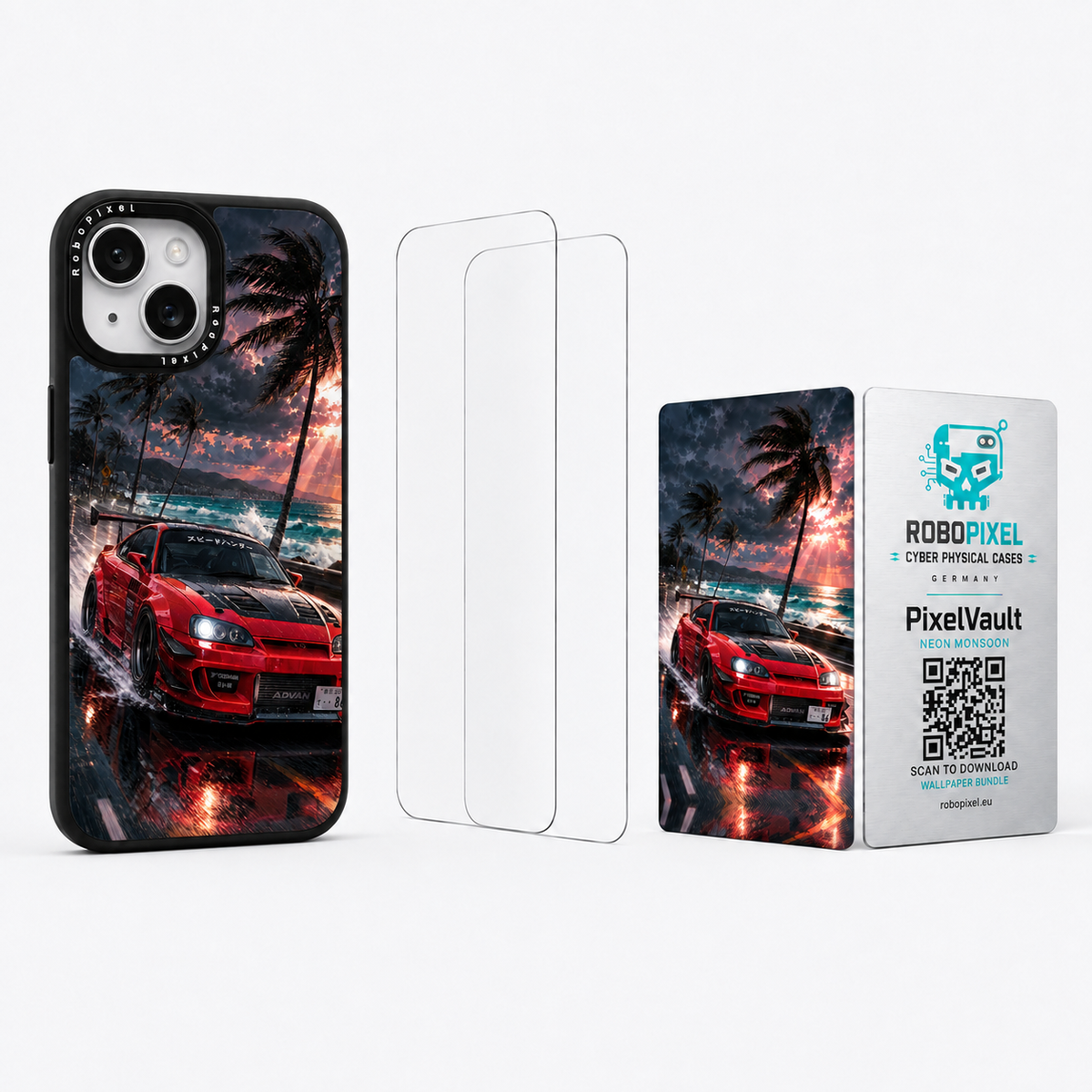 The Ultimate Pack — Neon Monsoon for iPhone 15 / iPhone 15 Plus: phone case, two tempered glass screen protectors and the matching PixelVault metal card