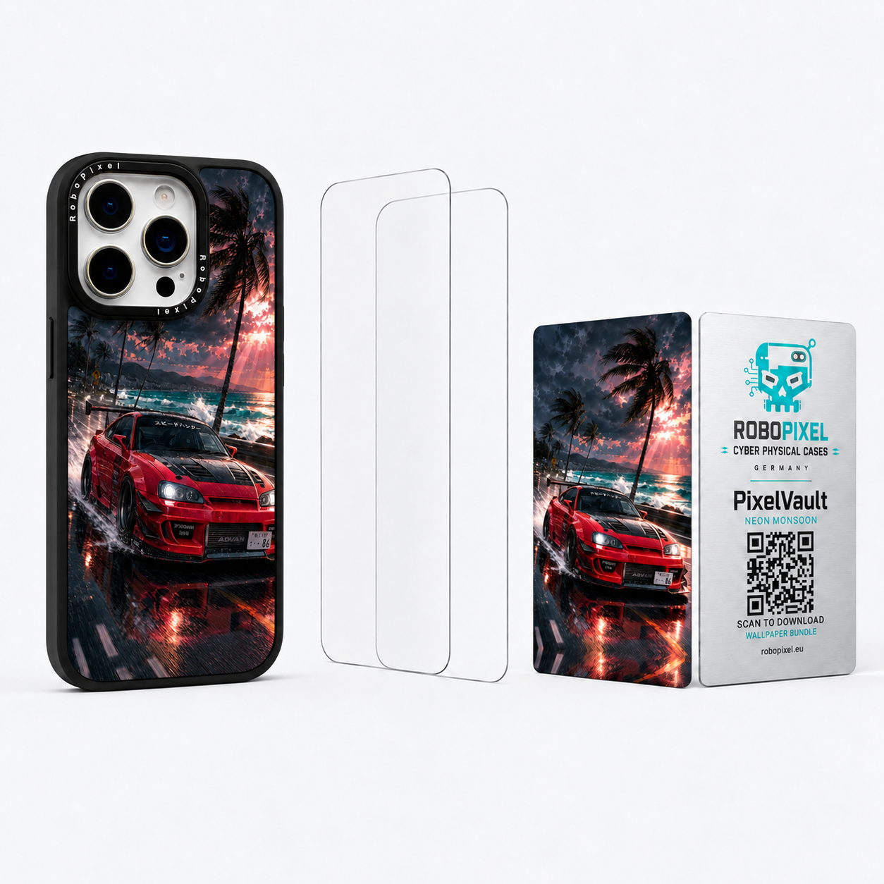 The Ultimate Pack — Neon Monsoon for iPhone 15 Pro / iPhone 15 Pro Max: phone case, two tempered glass screen protectors and the matching PixelVault metal card