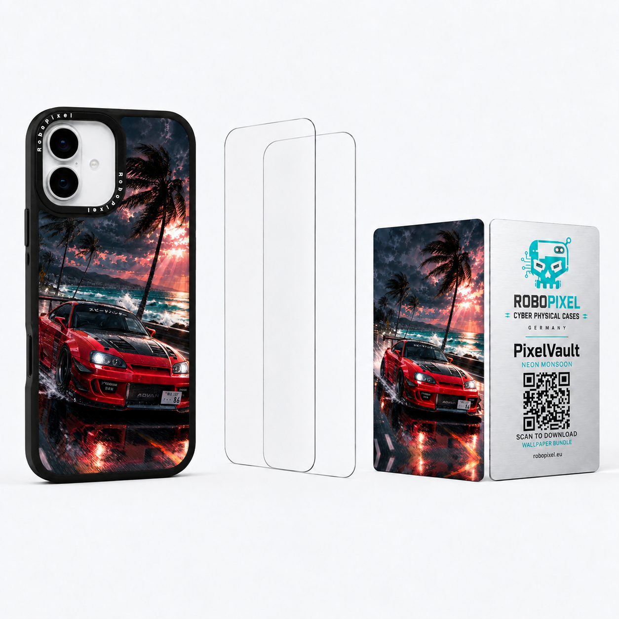 The Ultimate Pack — Neon Monsoon for iPhone 16 / iPhone 16 Plus: phone case, two tempered glass screen protectors and the matching PixelVault metal card