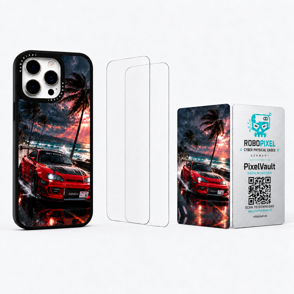 The Ultimate Pack — Neon Monsoon for iPhone 16 Pro / iPhone 16 Pro Max: phone case, two tempered glass screen protectors and the matching PixelVault metal card