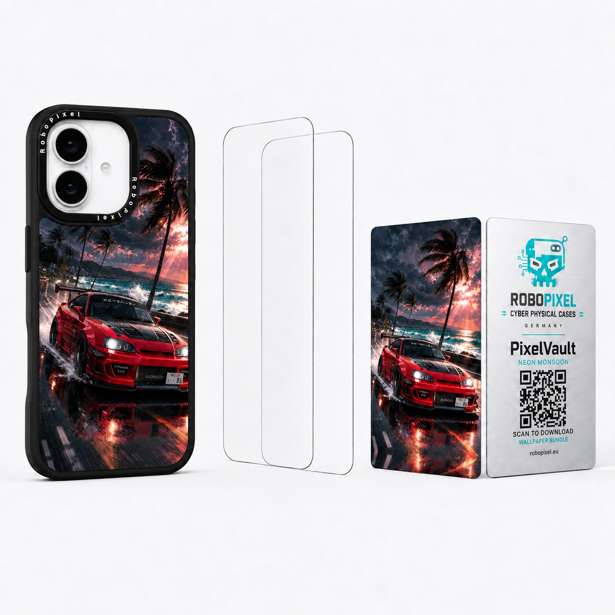 The Ultimate Pack — Neon Monsoon for iPhone 17: phone case, two tempered glass screen protectors and the matching PixelVault metal card