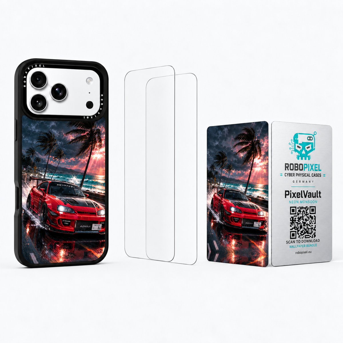 The Ultimate Pack — Neon Monsoon for iPhone 17 Pro / iPhone 17 Pro Max: phone case, two tempered glass screen protectors and the matching PixelVault metal card