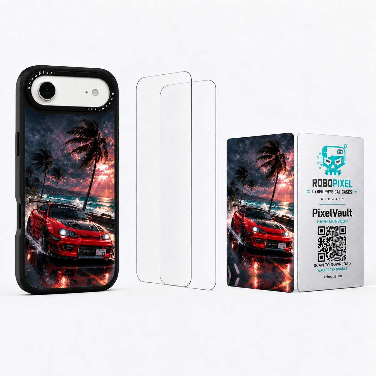 The Ultimate Pack — Neon Monsoon for iPhone Air: phone case, two tempered glass screen protectors and the matching PixelVault metal card