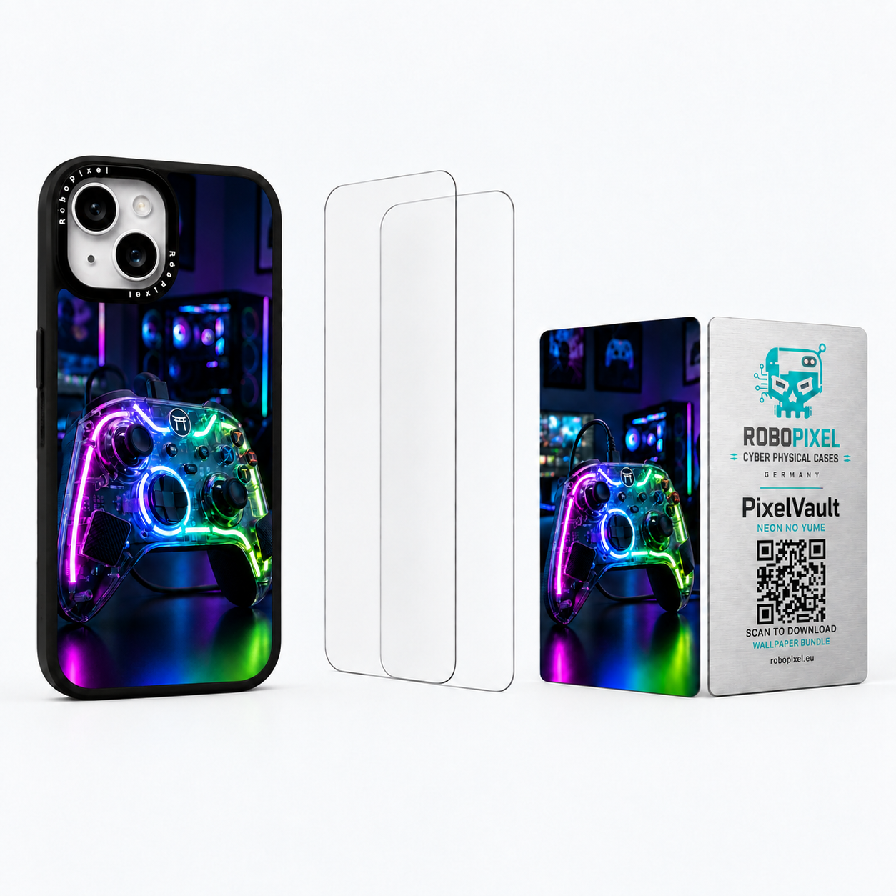 The Ultimate Pack — Neon No Yume for iPhone 15 / iPhone 15 Plus: phone case, two tempered glass screen protectors and the matching PixelVault metal card