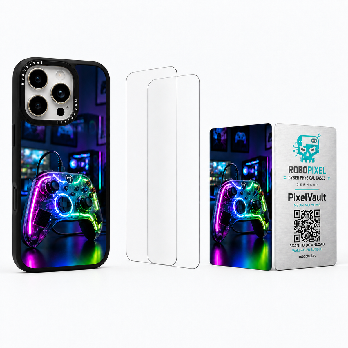 The Ultimate Pack — Neon No Yume for iPhone 15 Pro / iPhone 15 Pro Max: phone case, two tempered glass screen protectors and the matching PixelVault metal card