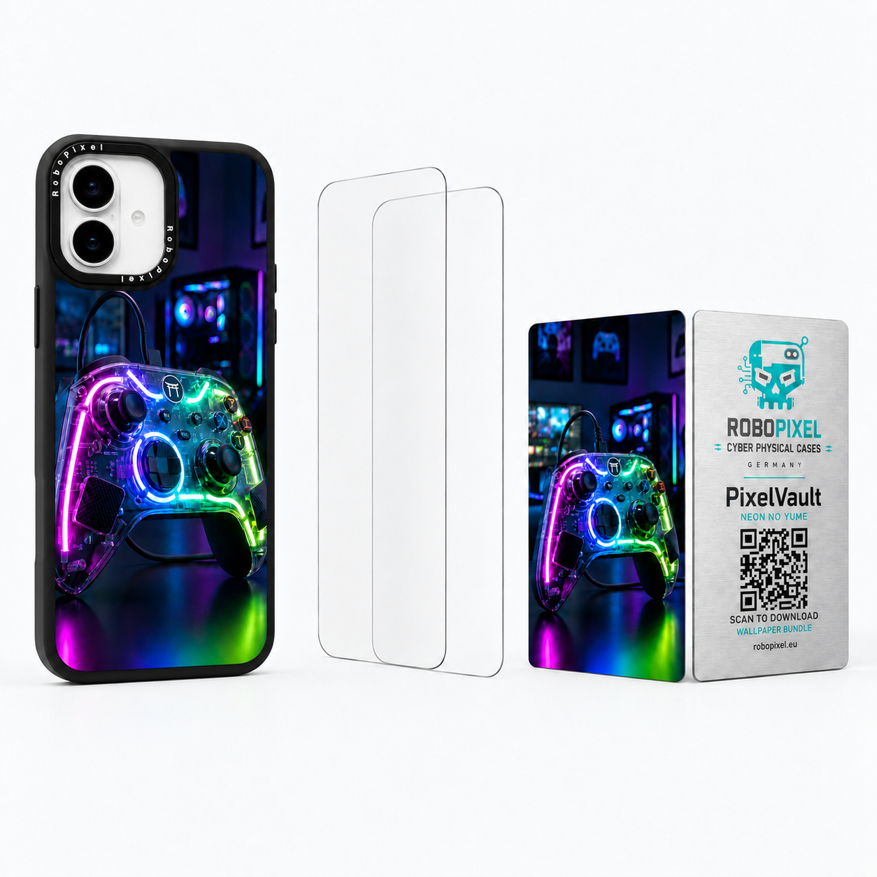 The Ultimate Pack — Neon No Yume for iPhone 16 / iPhone 16 Plus: phone case, two tempered glass screen protectors and the matching PixelVault metal card