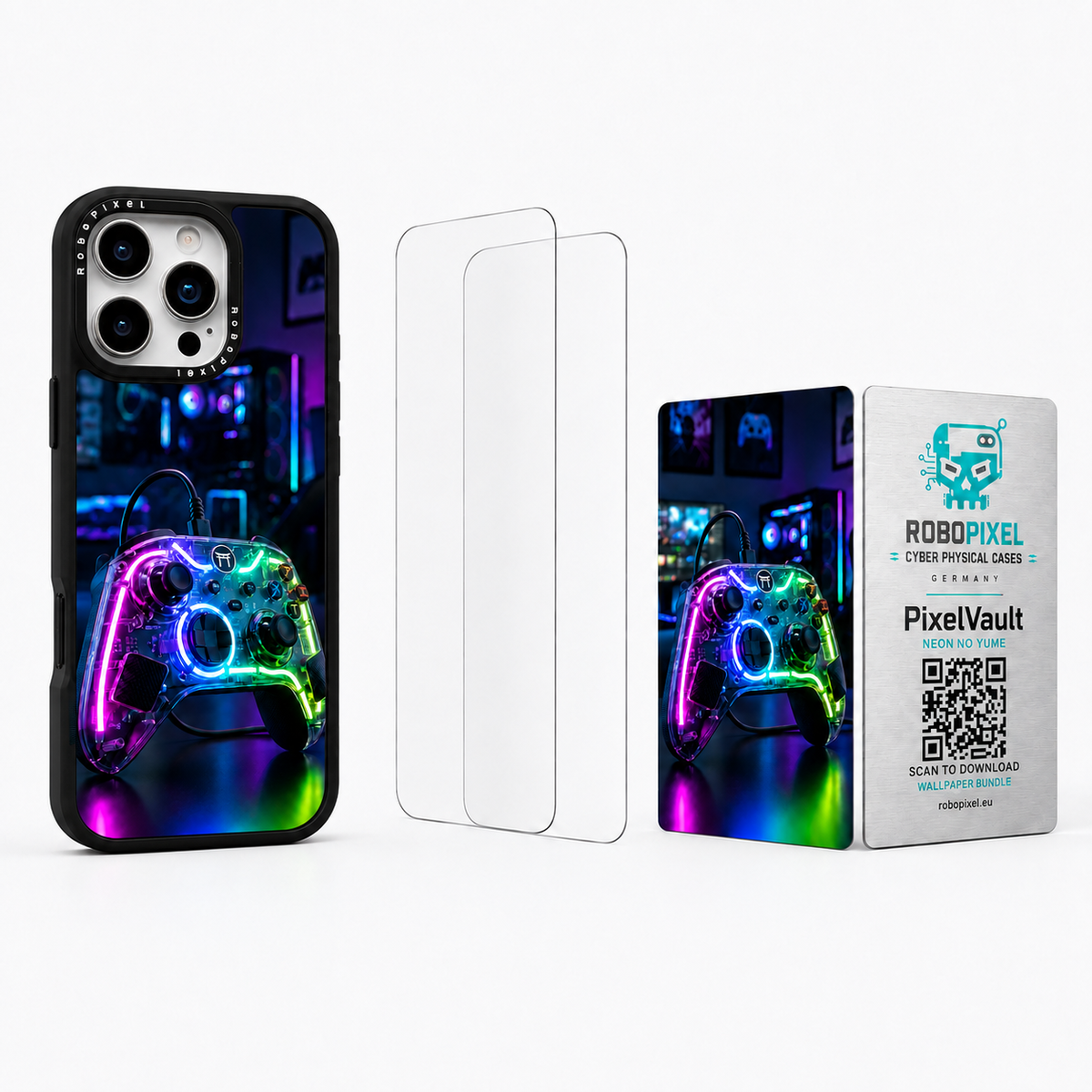 The Ultimate Pack — Neon No Yume for iPhone 16 Pro / iPhone 16 Pro Max: phone case, two tempered glass screen protectors and the matching PixelVault metal card