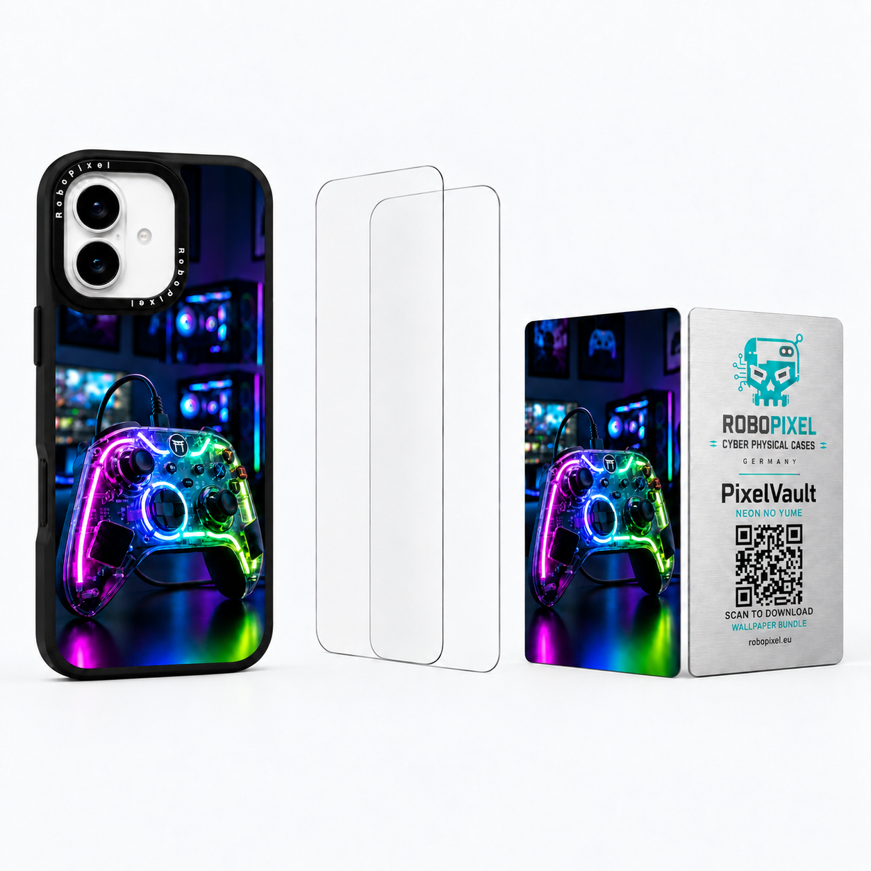 The Ultimate Pack — Neon No Yume for iPhone 17: phone case, two tempered glass screen protectors and the matching PixelVault metal card