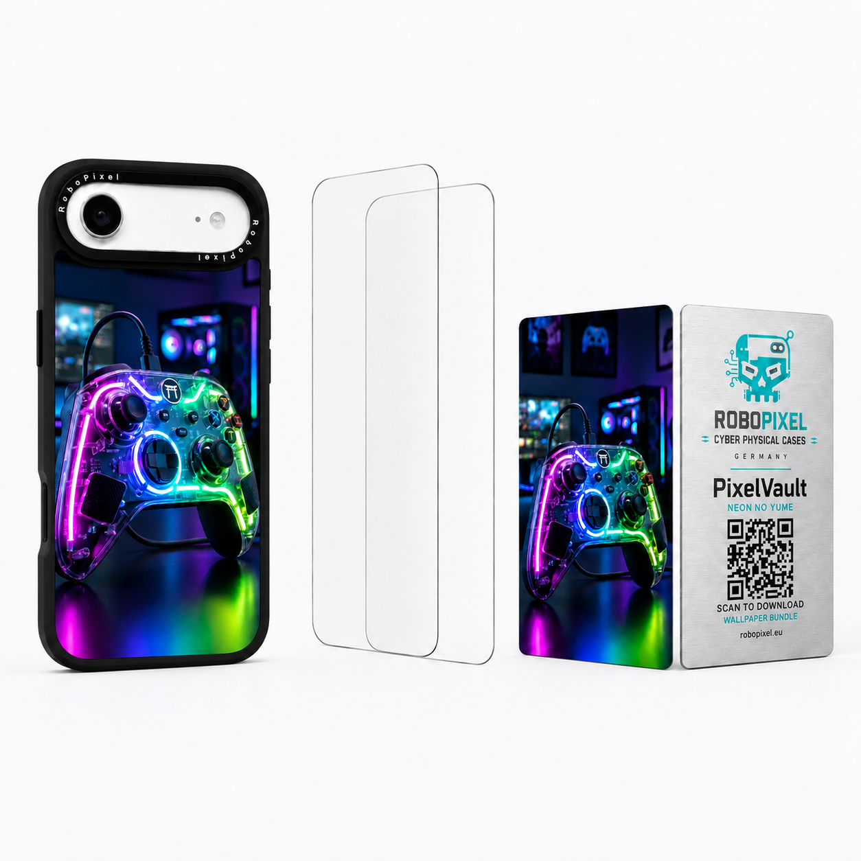 The Ultimate Pack — Neon No Yume for iPhone Air: phone case, two tempered glass screen protectors and the matching PixelVault metal card