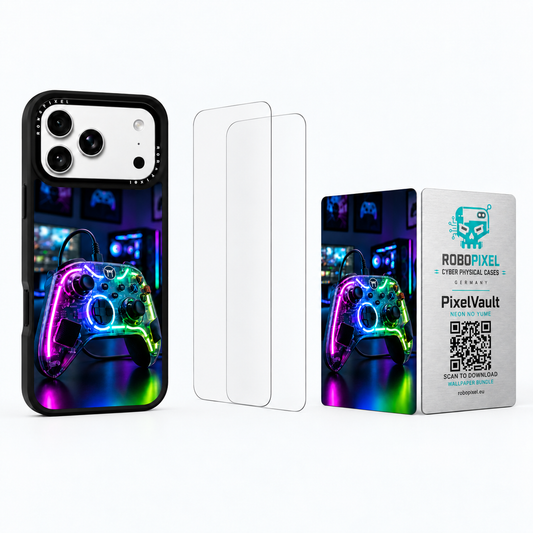 The Ultimate Pack — Neon No Yume: phone case, two tempered glass screen protectors and the matching PixelVault metal card