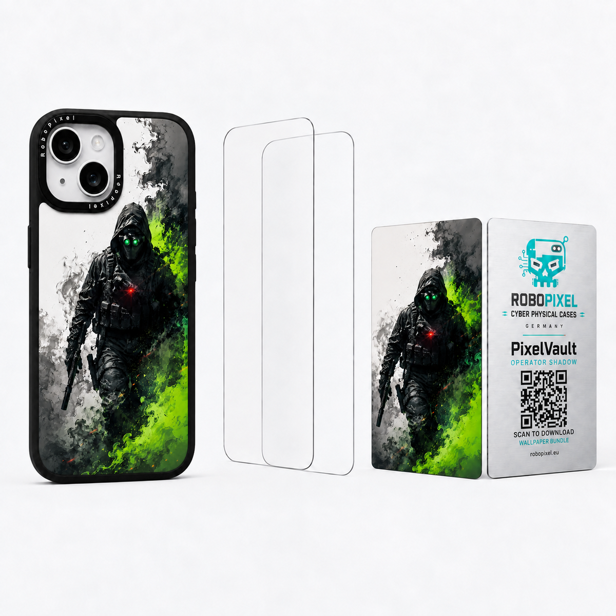 The Ultimate Pack — Operator Shadow for iPhone 15 / iPhone 15 Plus: phone case, two tempered glass screen protectors and the matching PixelVault metal card