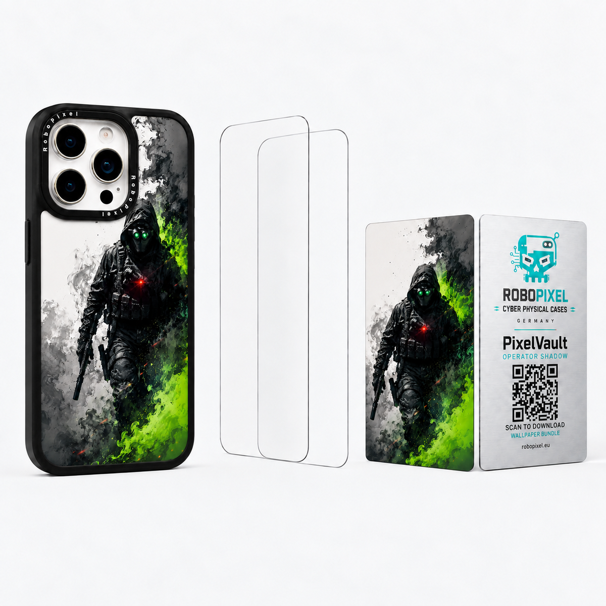 The Ultimate Pack — Operator Shadow for iPhone 15 Pro / iPhone 15 Pro Max: phone case, two tempered glass screen protectors and the matching PixelVault metal card