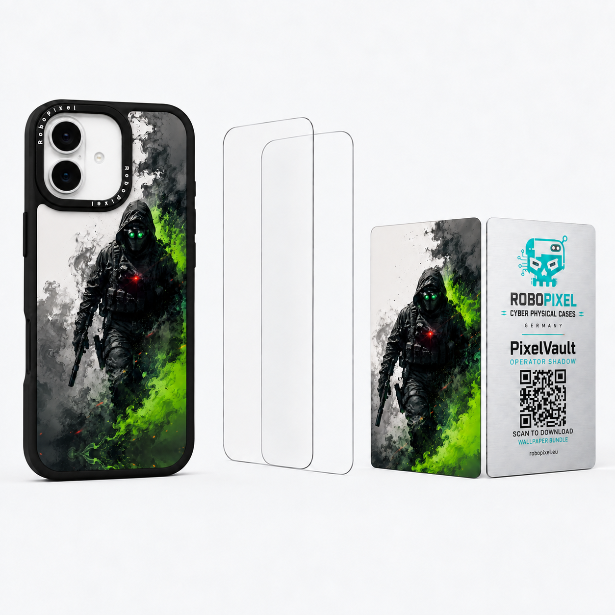 The Ultimate Pack — Operator Shadow for iPhone 16 / iPhone 16 Plus: phone case, two tempered glass screen protectors and the matching PixelVault metal card