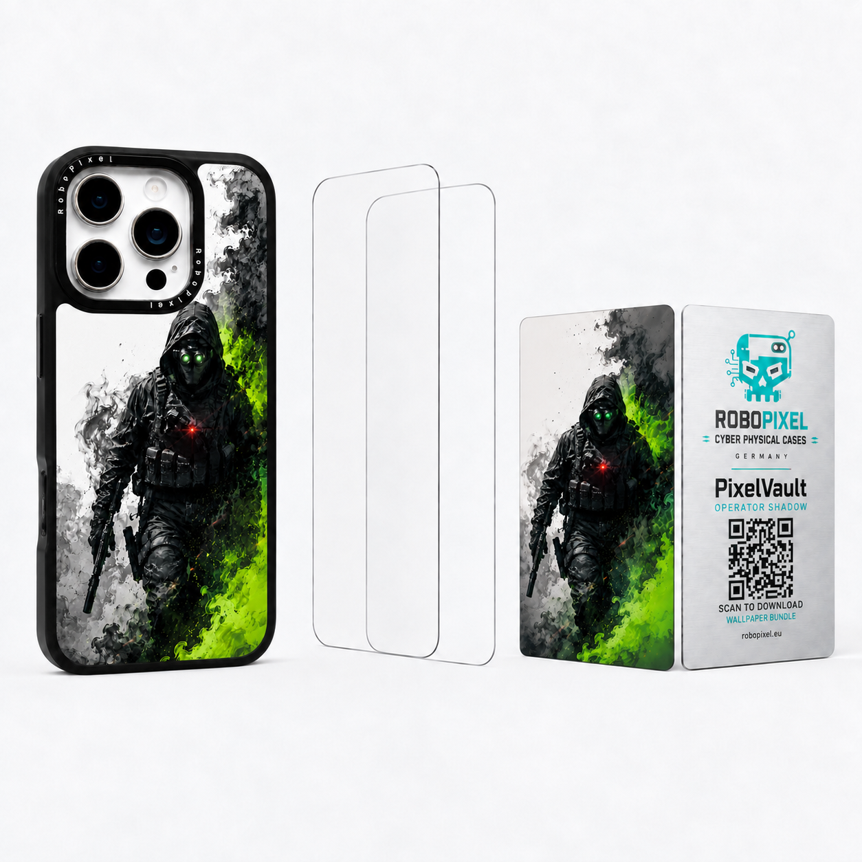 The Ultimate Pack — Operator Shadow for iPhone 16 Pro / iPhone 16 Pro Max: phone case, two tempered glass screen protectors and the matching PixelVault metal card