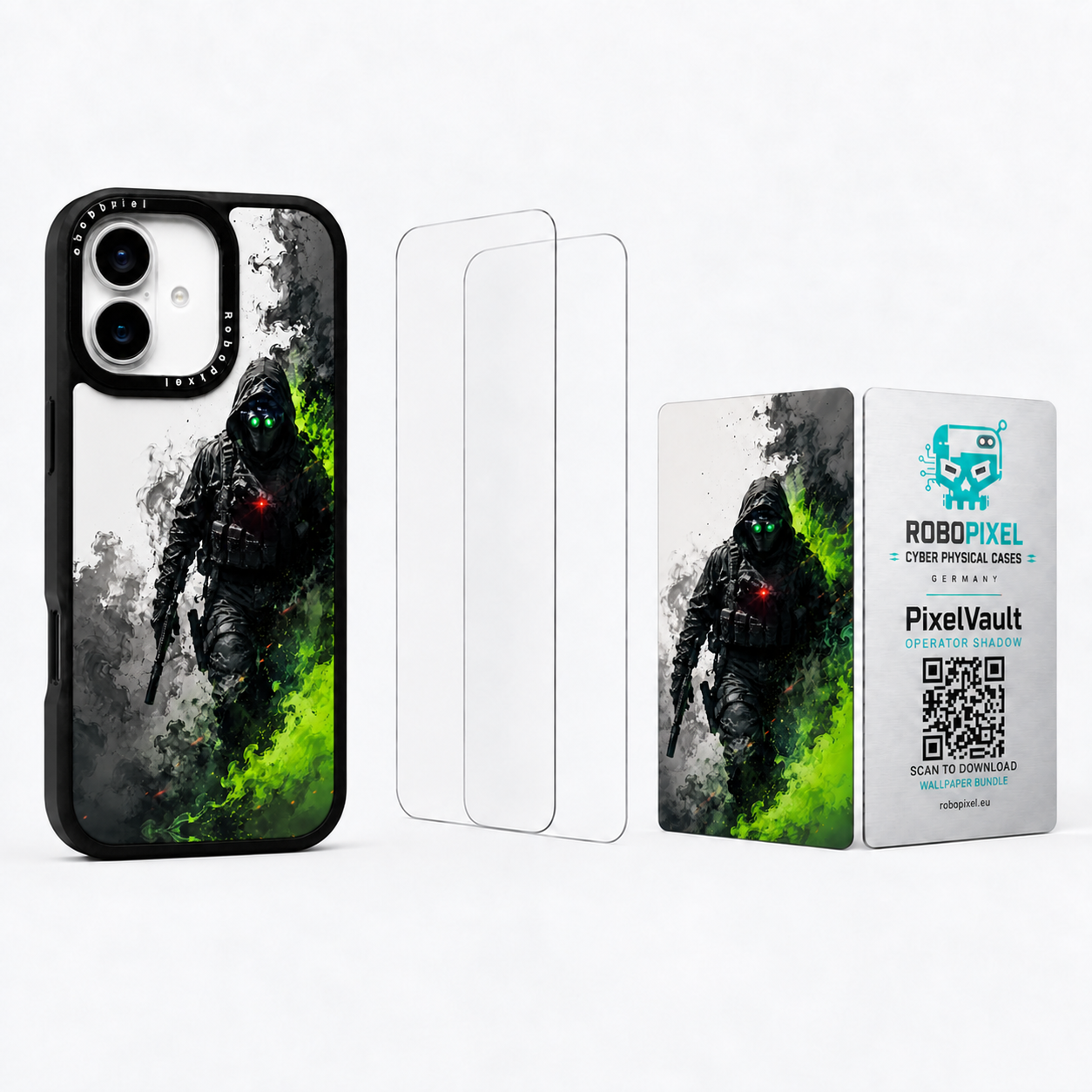 The Ultimate Pack — Operator Shadow for iPhone 17: phone case, two tempered glass screen protectors and the matching PixelVault metal card