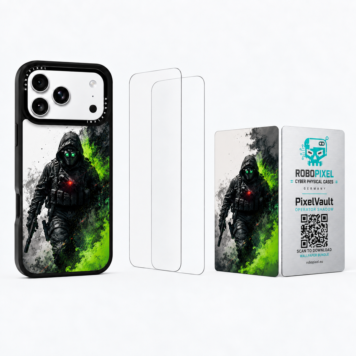 The Ultimate Pack — Operator Shadow for iPhone 17 Pro / iPhone 17 Pro Max: phone case, two tempered glass screen protectors and the matching PixelVault metal card
