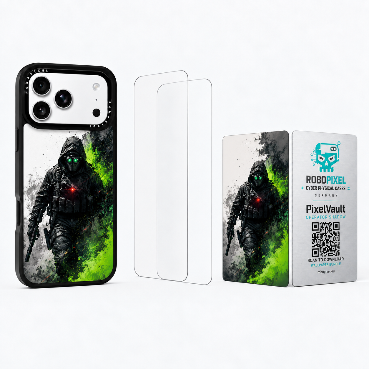 The Ultimate Pack — Operator Shadow for iPhone 17 Pro / iPhone 17 Pro Max: phone case, two tempered glass screen protectors and the matching PixelVault metal card