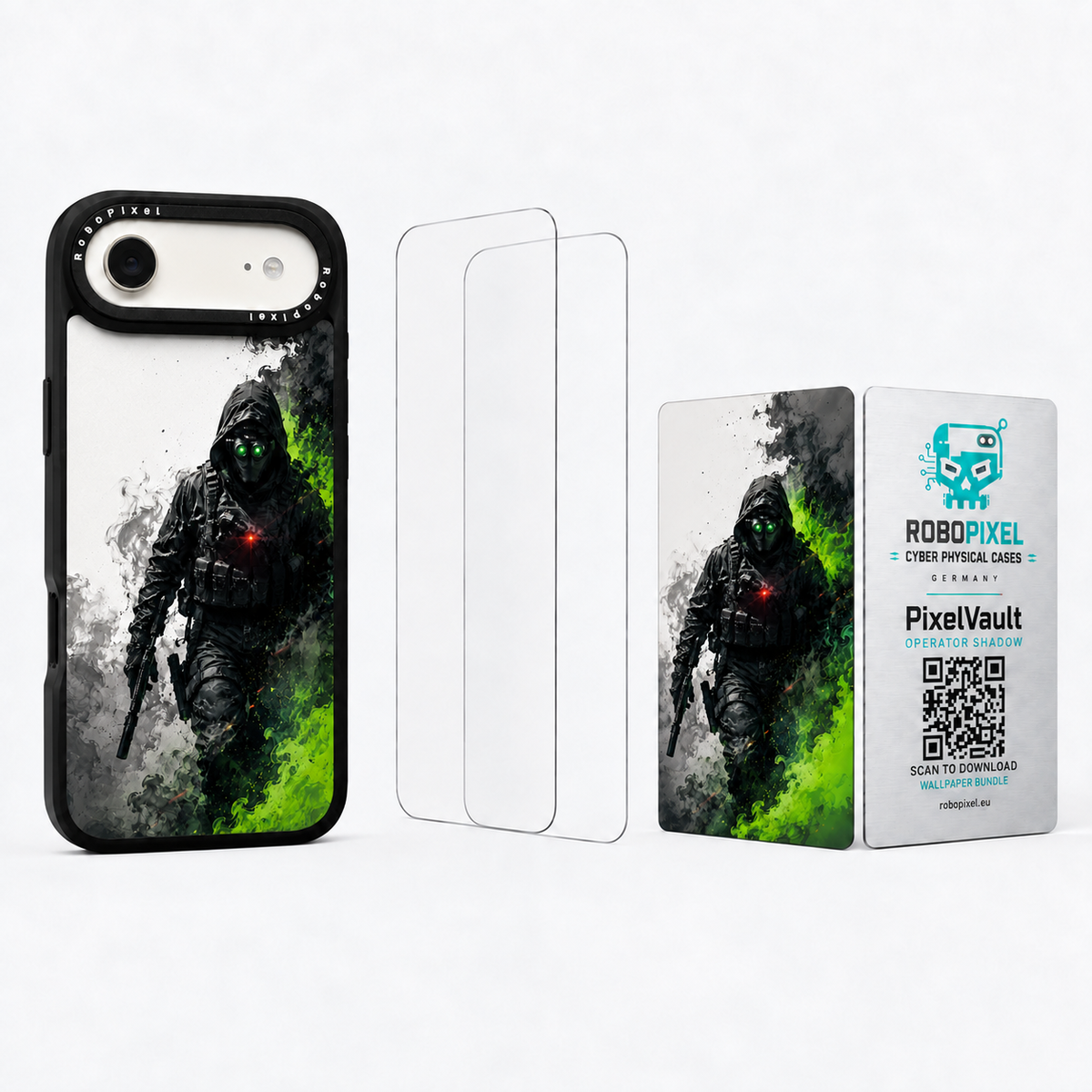 The Ultimate Pack — Operator Shadow for iPhone Air: phone case, two tempered glass screen protectors and the matching PixelVault metal card