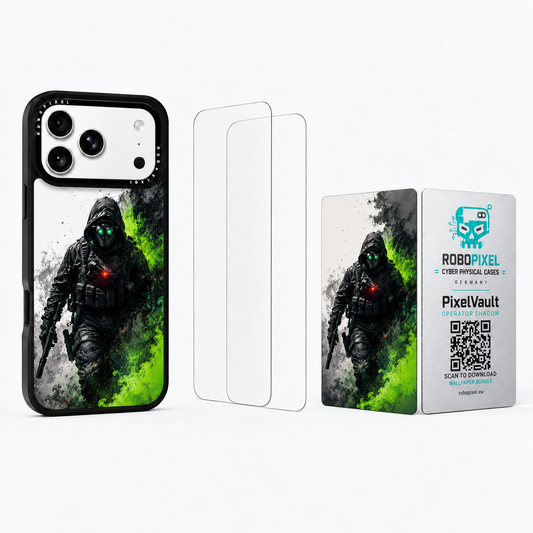 The Ultimate Pack — Operator Shadow: phone case, two tempered glass screen protectors and the matching PixelVault metal card