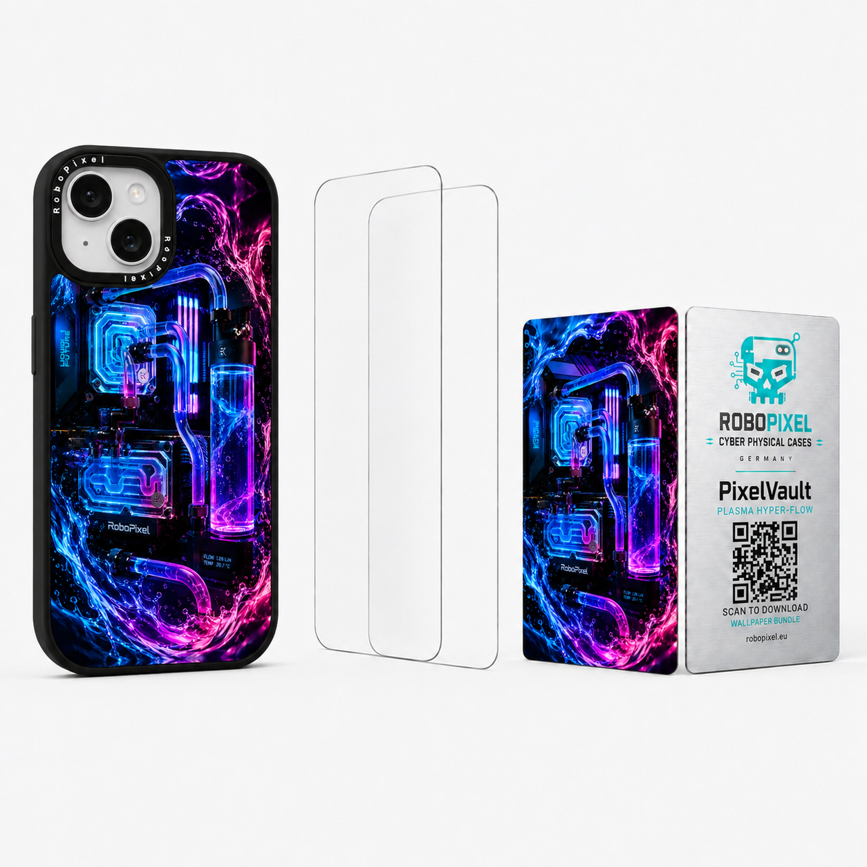 The Ultimate Pack — Plasma Hyper-Flow for iPhone 15 / iPhone 15 Plus: phone case, two tempered glass screen protectors and the matching PixelVault metal card