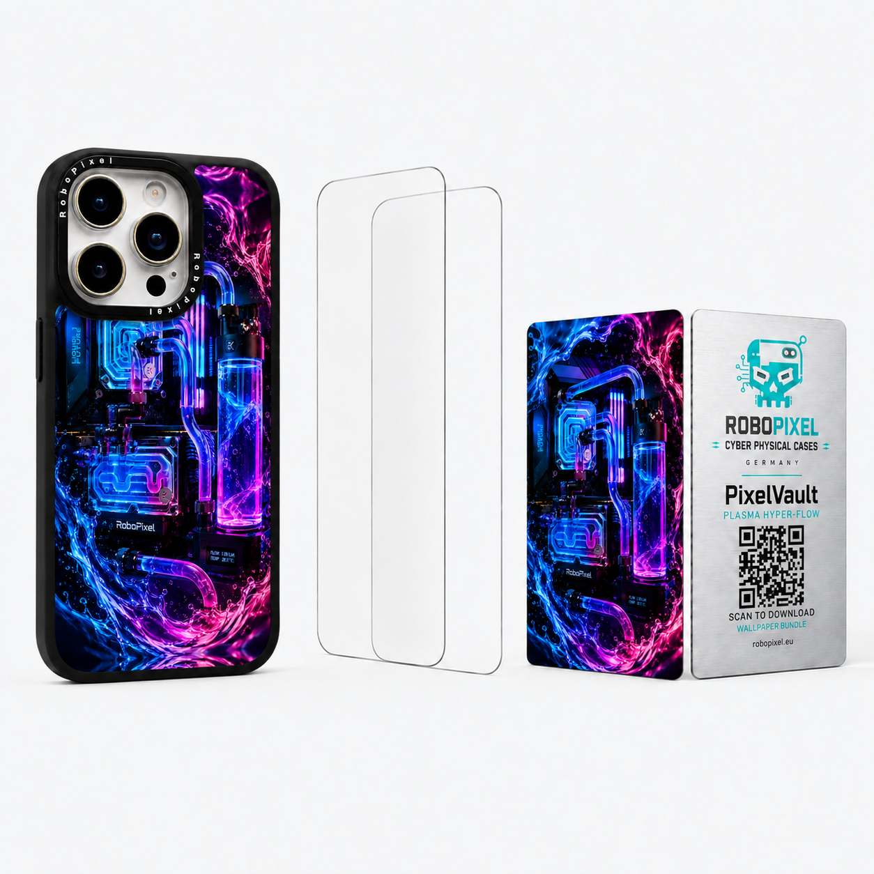 The Ultimate Pack — Plasma Hyper-Flow for iPhone 15 Pro / iPhone 15 Pro Max: phone case, two tempered glass screen protectors and the matching PixelVault metal card