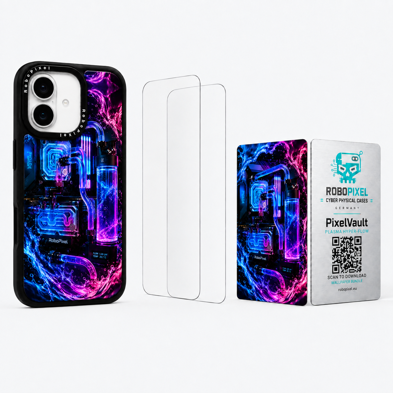 The Ultimate Pack — Plasma Hyper-Flow for iPhone 16 / iPhone 16 Plus: phone case, two tempered glass screen protectors and the matching PixelVault metal card
